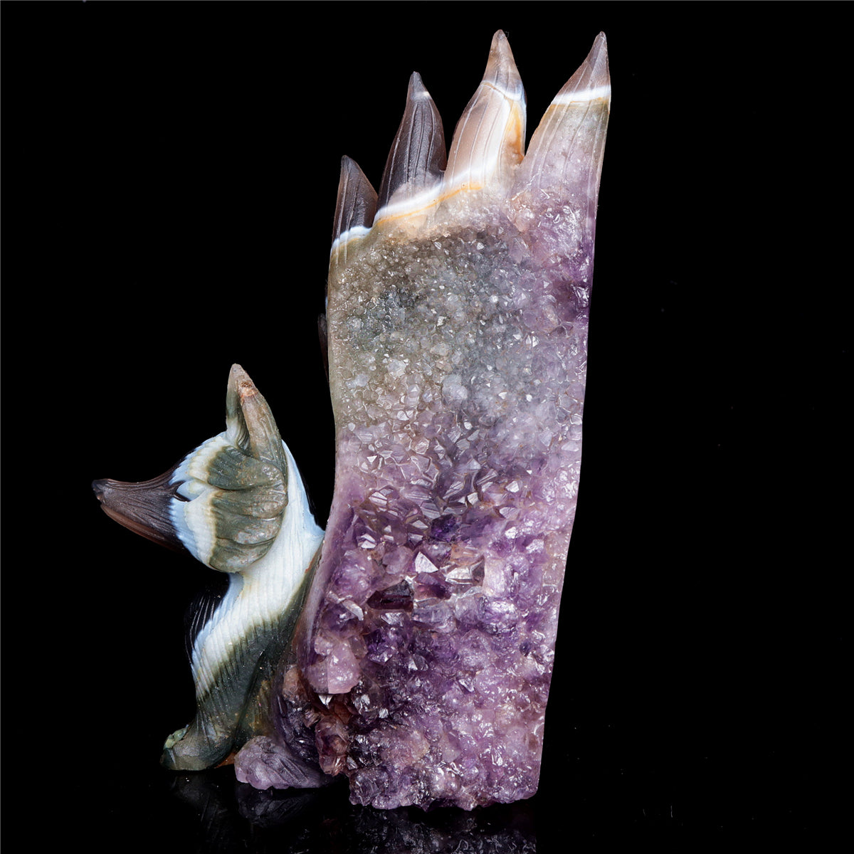6" Druzy Agate Crystal Nine Tail Fox Figurine Decor