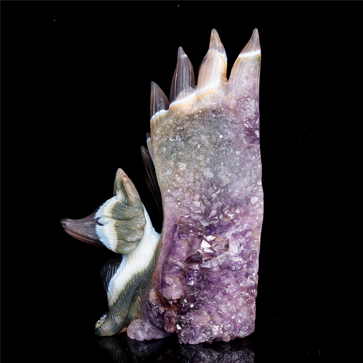 6" Druzy Agate Crystal Nine Tail Fox Figurine Decor