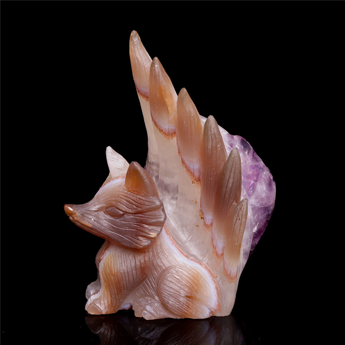 5" Amethyst Agate Crystal Nine Tail Fox Figurine Decor