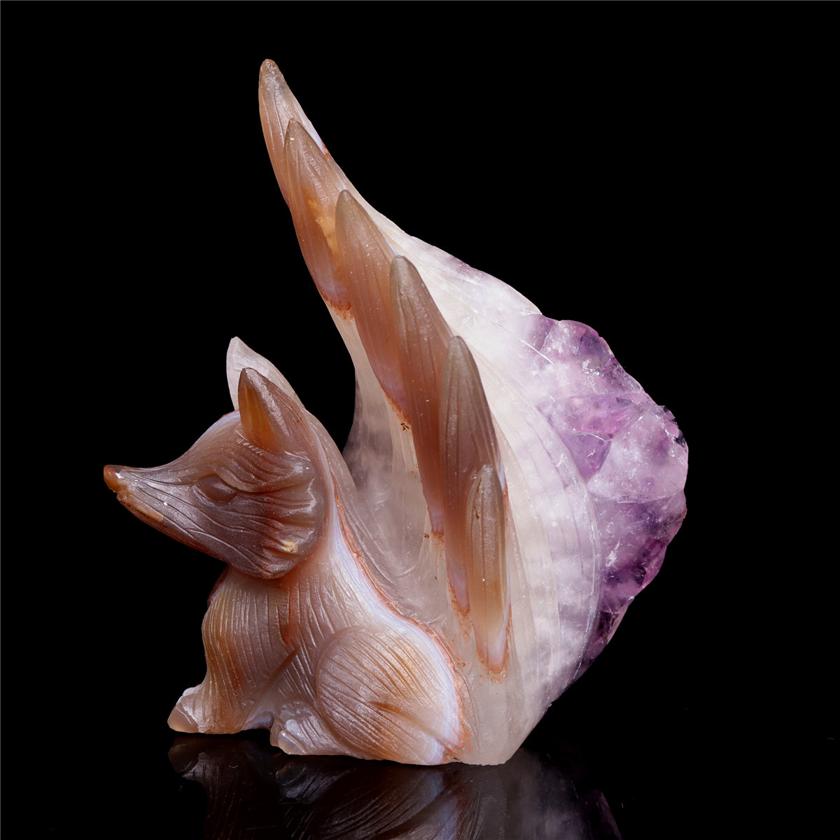 5" Amethyst Agate Crystal Nine Tail Fox Figurine Decor
