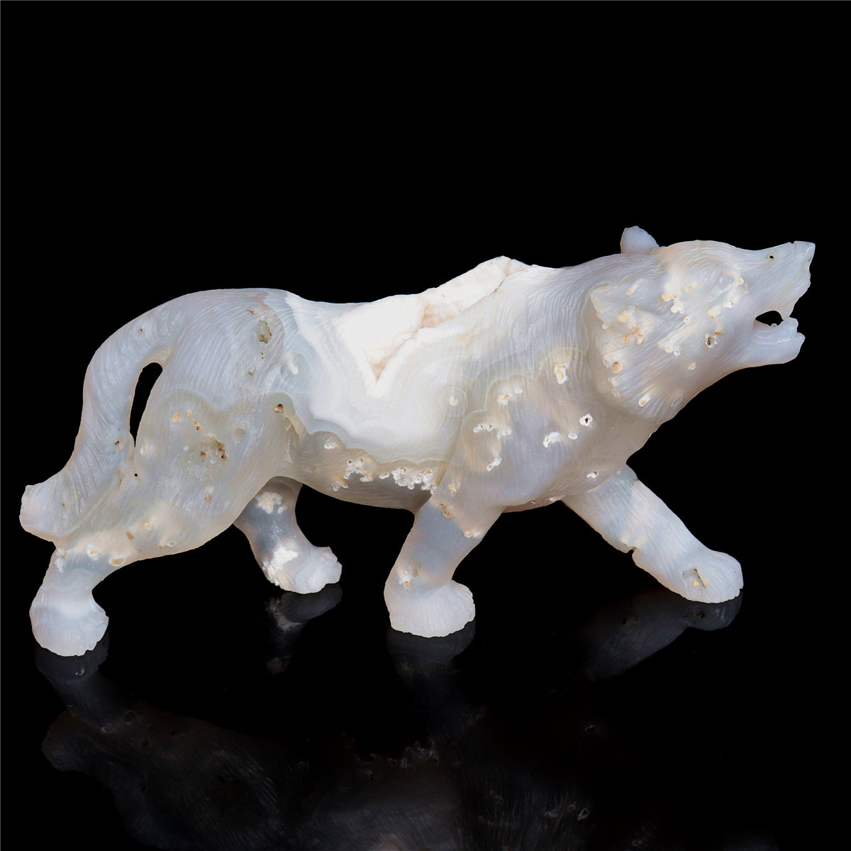6" Druzy Agate Crystal Wolf Figurine Stone Animal Carvings