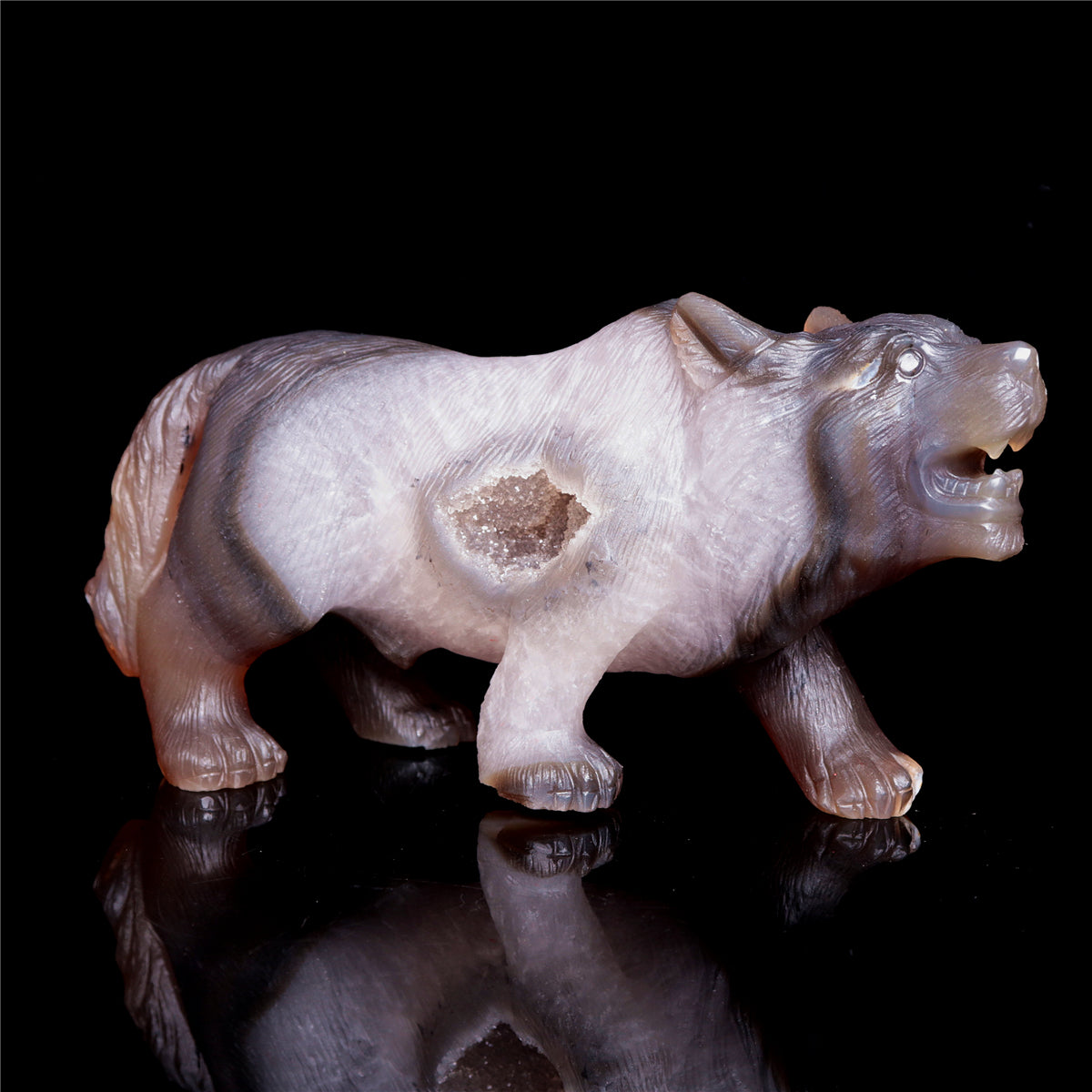 6" Druzy Agate Crystal Wolf Figurine Stone Animal Carvings