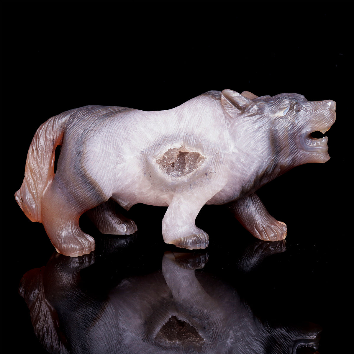 6" Druzy Agate Crystal Wolf Figurine Stone Animal Carvings