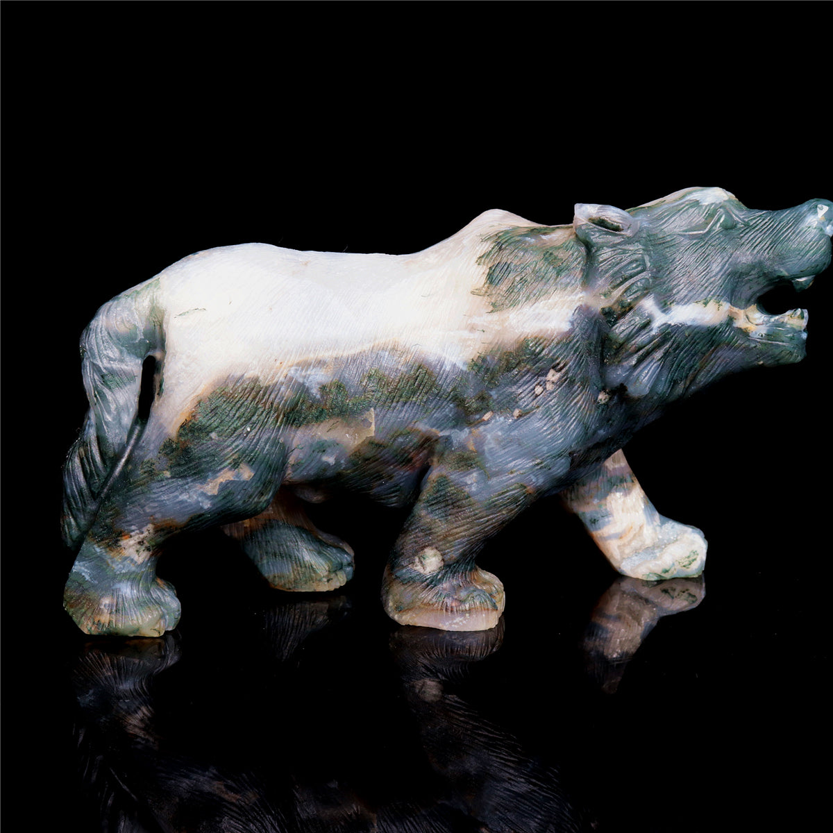 6" Moss Druzy Agate Crystal Wolf Figurine Stone Animal Carvings