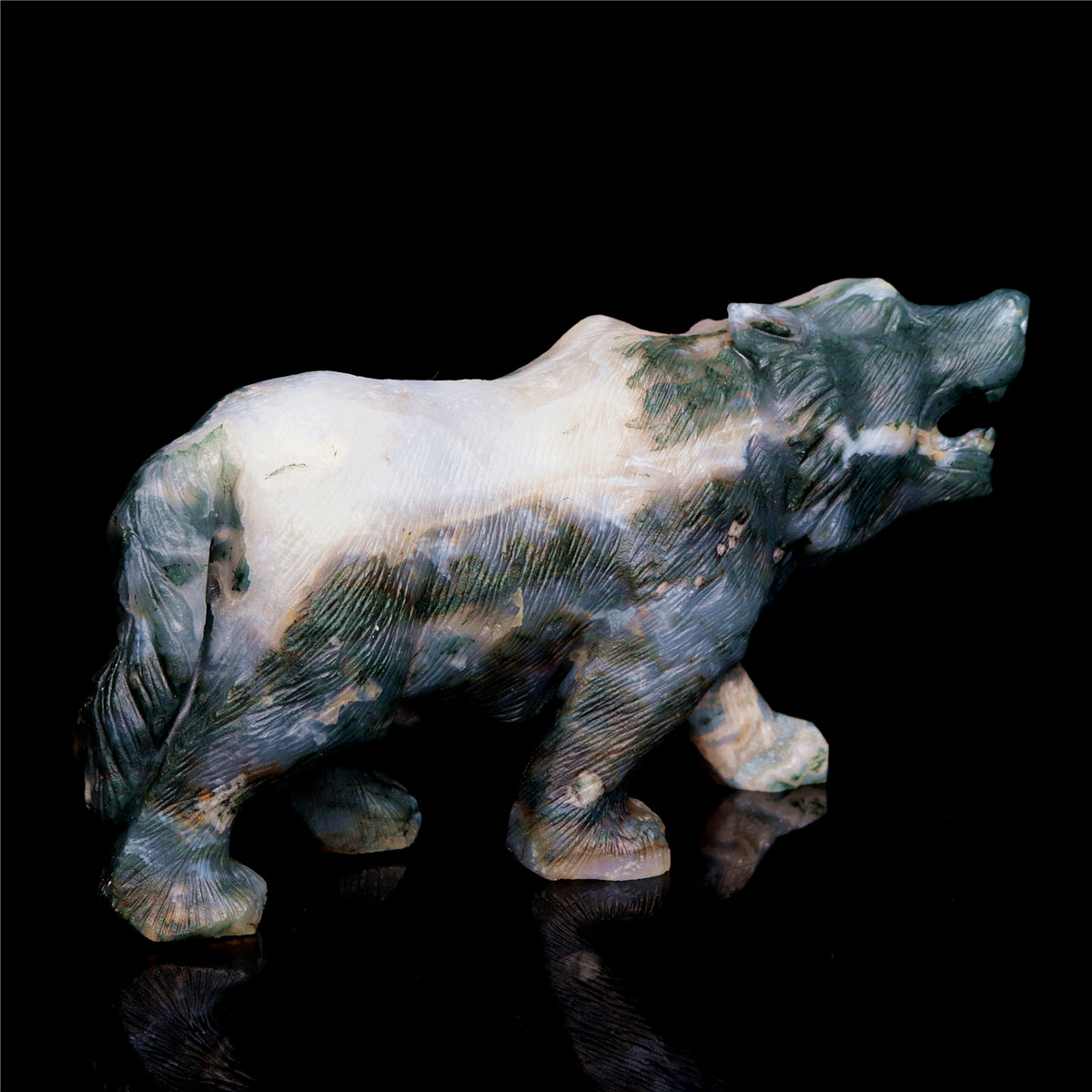6" Moss Druzy Agate Crystal Wolf Figurine Stone Animal Carvings