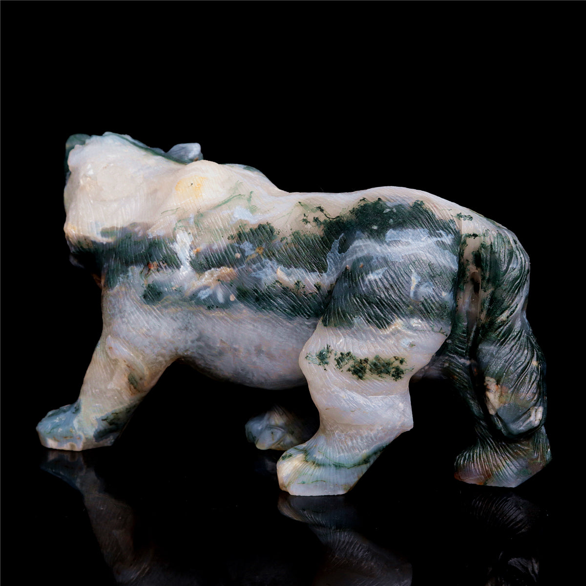 6" Moss Druzy Agate Crystal Wolf Figurine Stone Animal Carvings