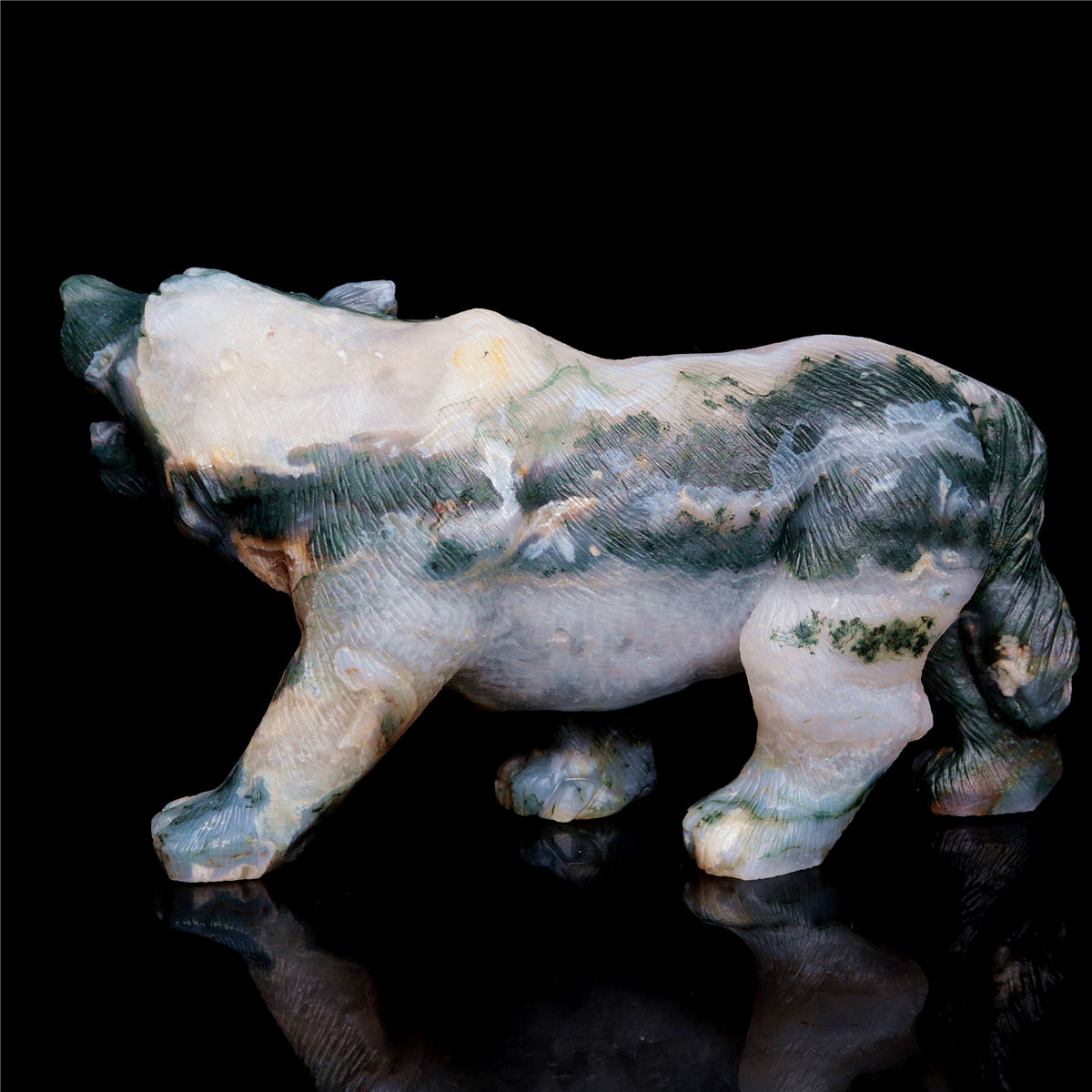 6" Moss Druzy Agate Crystal Wolf Figurine Stone Animal Carvings