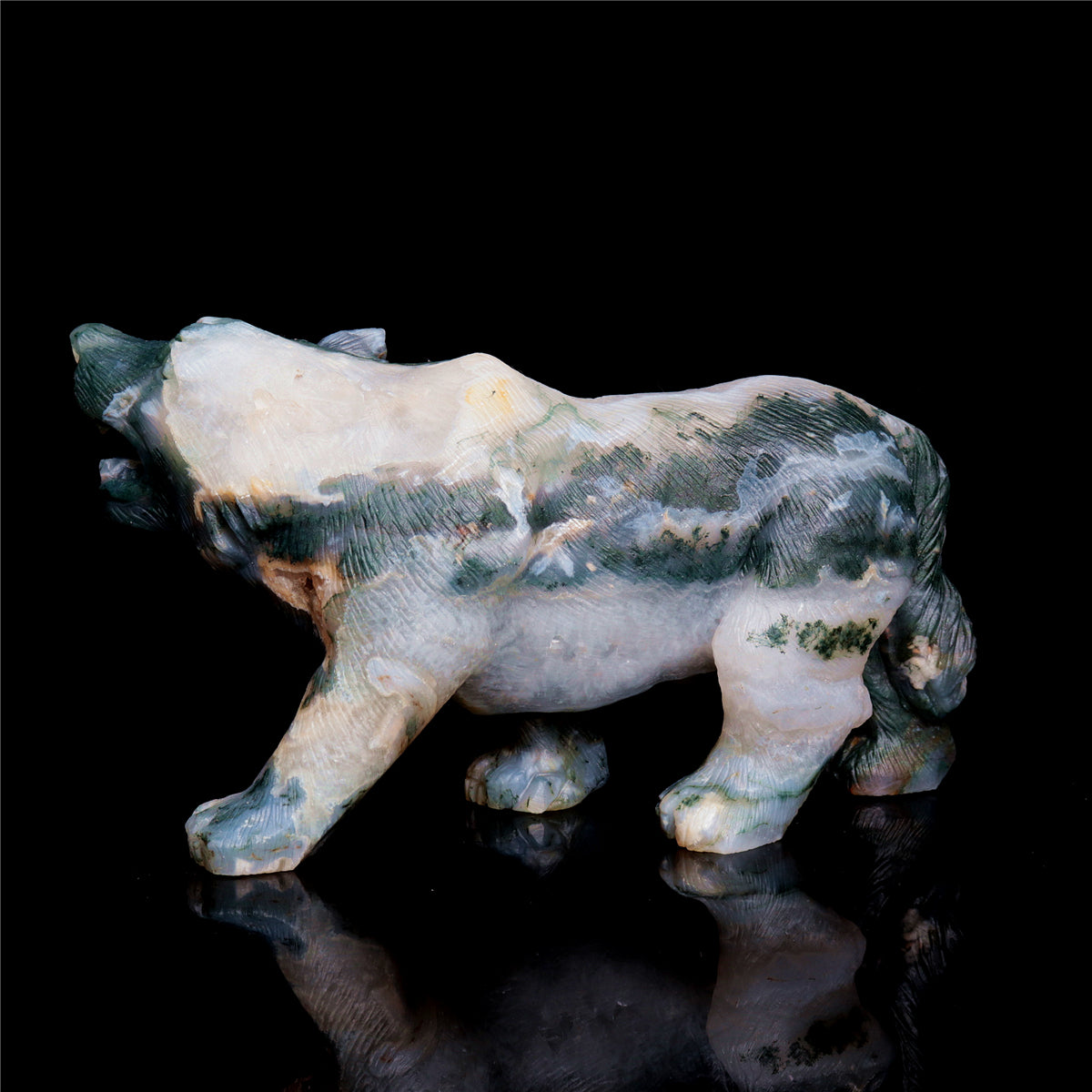 6" Moss Druzy Agate Crystal Wolf Figurine Stone Animal Carvings