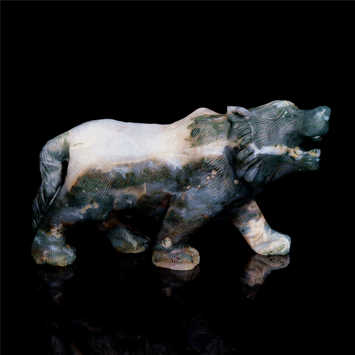 6" Moss Druzy Agate Crystal Wolf Figurine Stone Animal Carvings