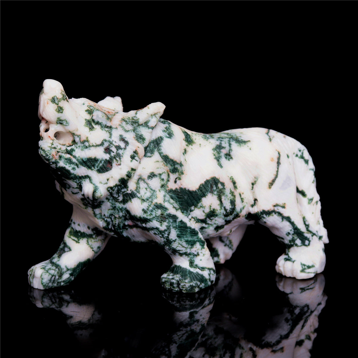 5.5" Moss Agate Crystal Wolf Figurine Stone Animal Carvings