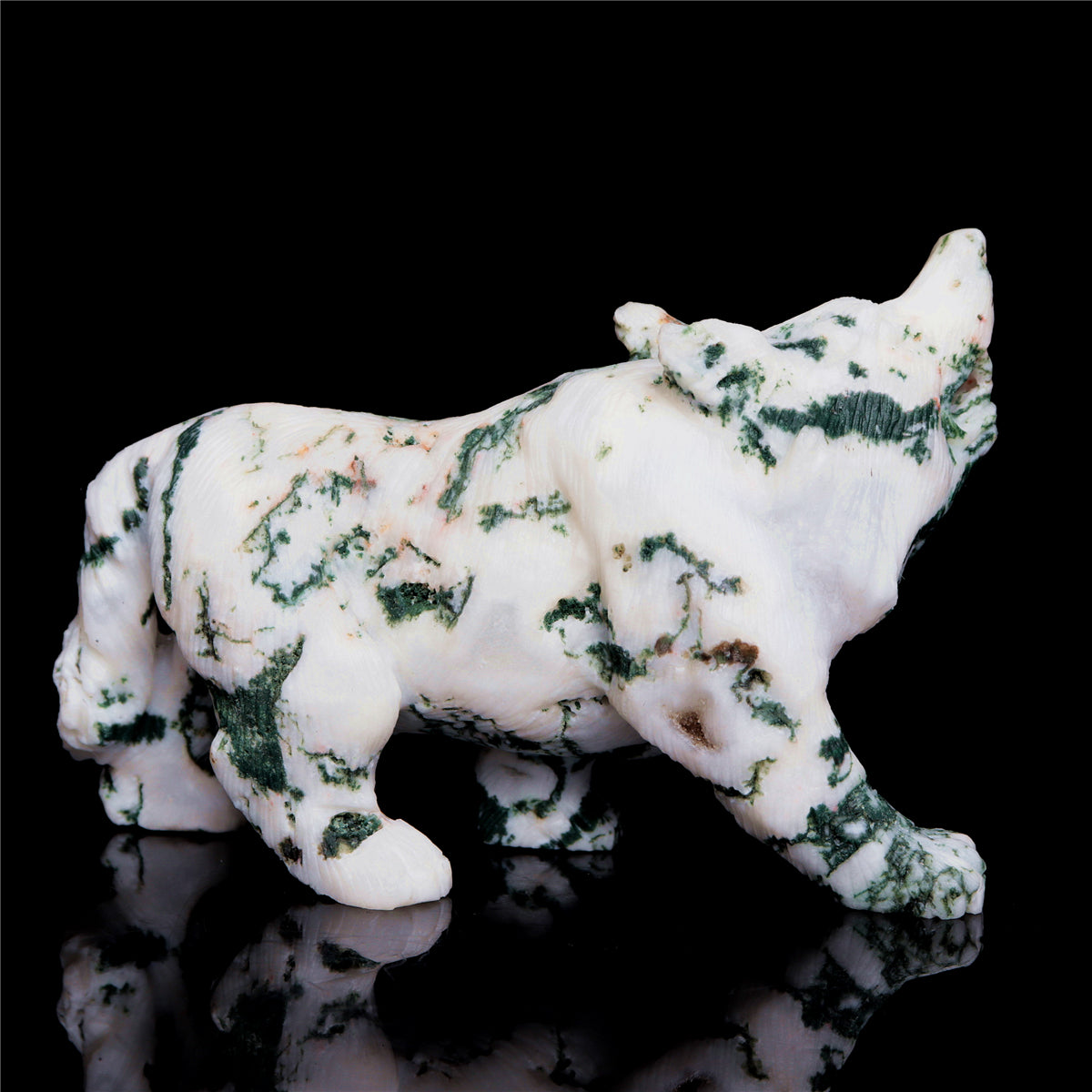 5.5" Moss Agate Crystal Wolf Figurine Stone Animal Carvings
