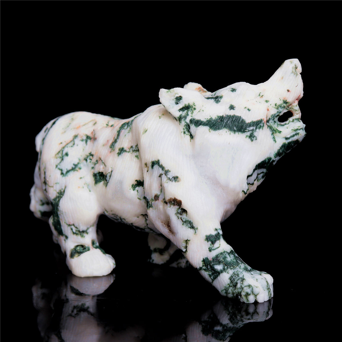 5.5" Moss Agate Crystal Wolf Figurine Stone Animal Carvings