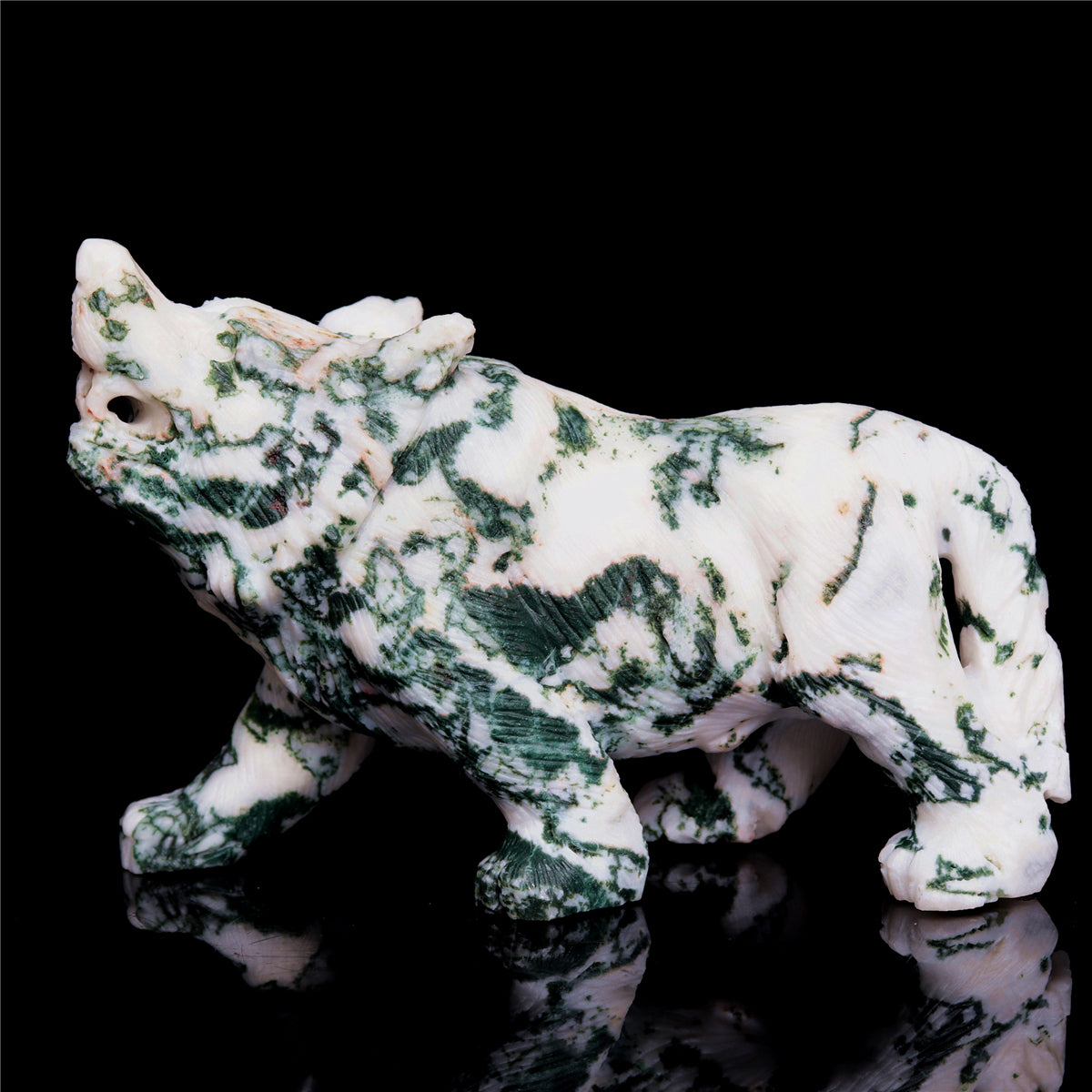 5.5" Moss Agate Crystal Wolf Figurine Stone Animal Carvings