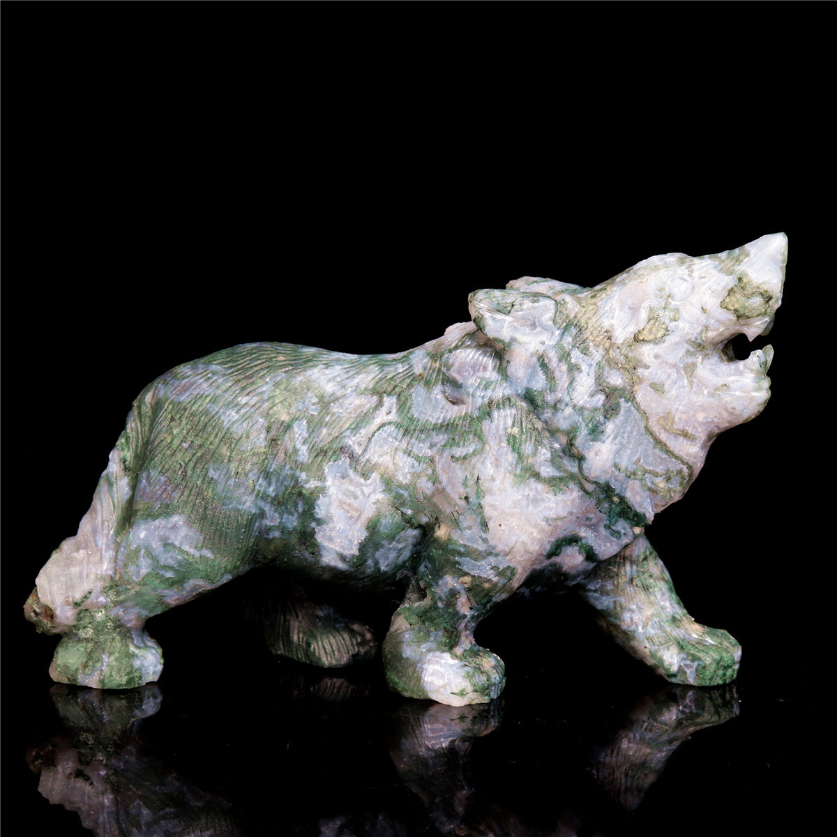 5" Moss Agate Crystal Wolf Figurine Stone Animal Carvings