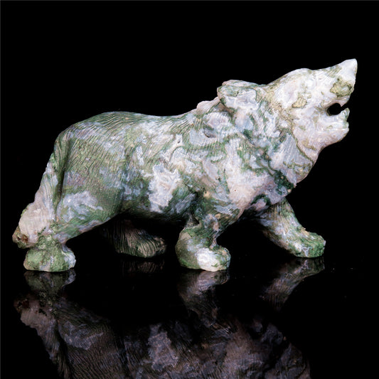 5" Moss Agate Crystal Wolf Figurine Stone Animal Carvings