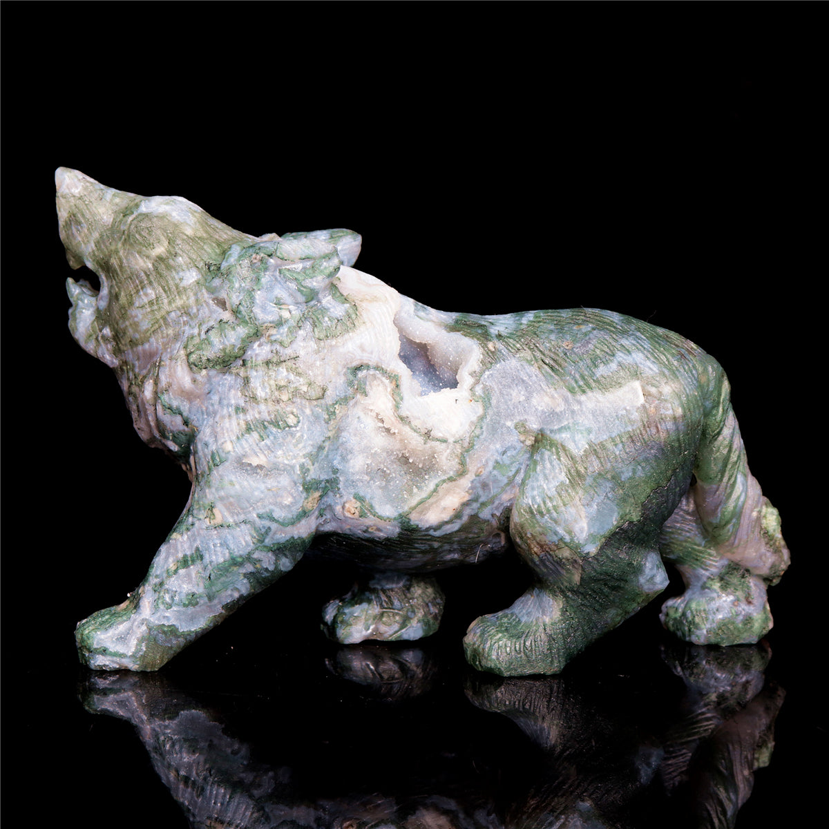 5" Moss Agate Crystal Wolf Figurine Stone Animal Carvings