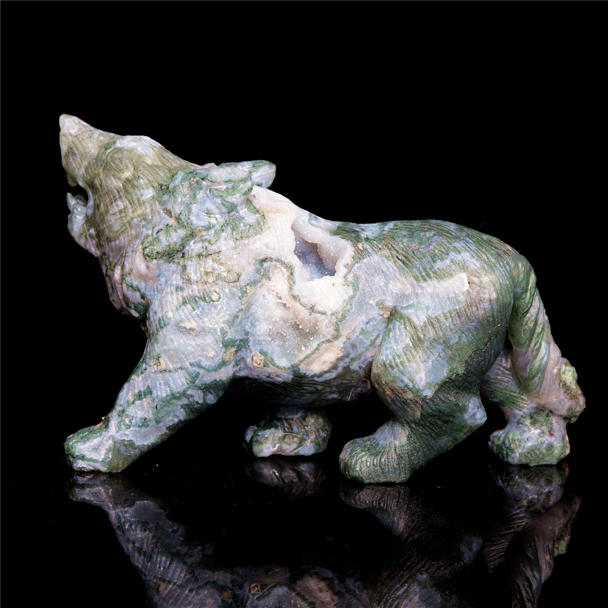 5" Moss Agate Crystal Wolf Figurine Stone Animal Carvings
