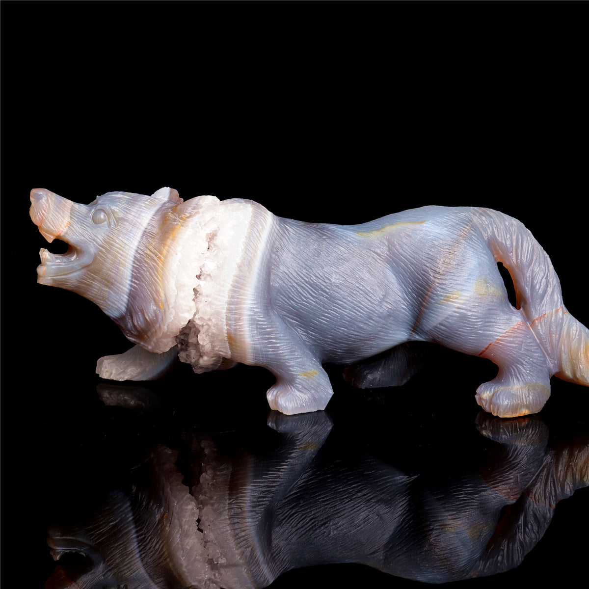 6.5" Druzy Agate Crystal Wolf Figurine Stone Animal Carvings