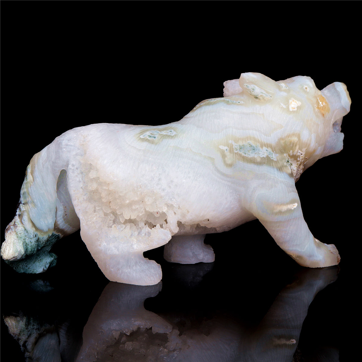 6.5" Druzy Moss Agate Crystal Wolf Figurine Stone Animal Carvings