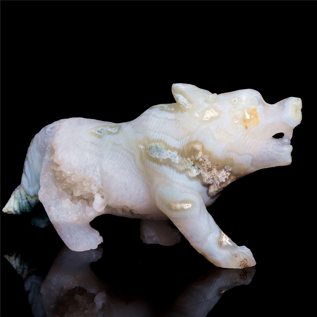 6.5" Druzy Moss Agate Crystal Wolf Figurine Stone Animal Carvings