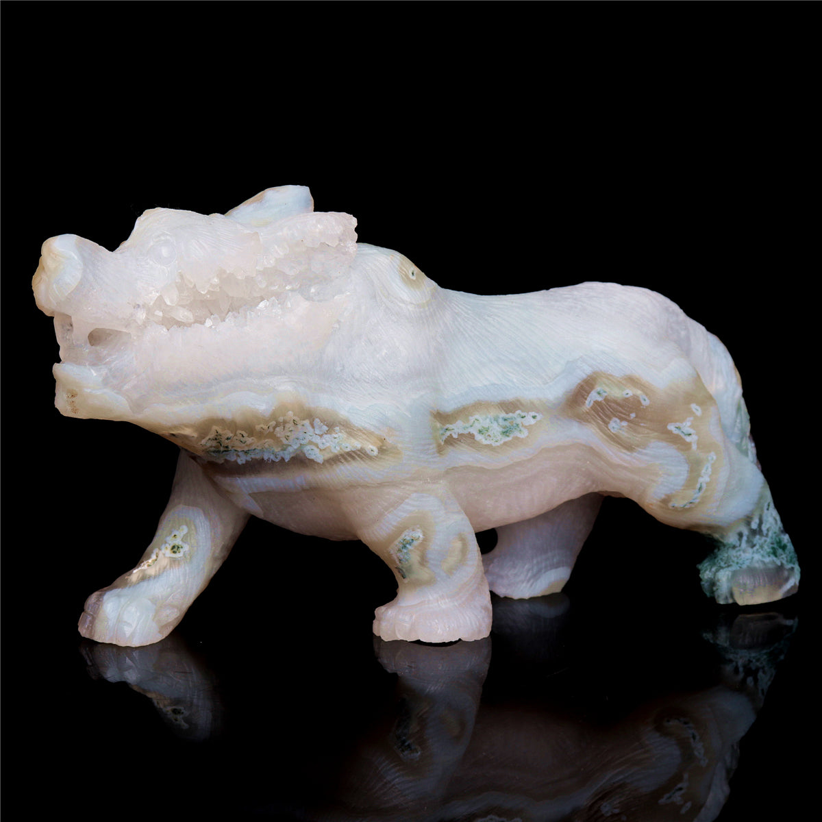 6.5" Druzy Moss Agate Crystal Wolf Figurine Stone Animal Carvings