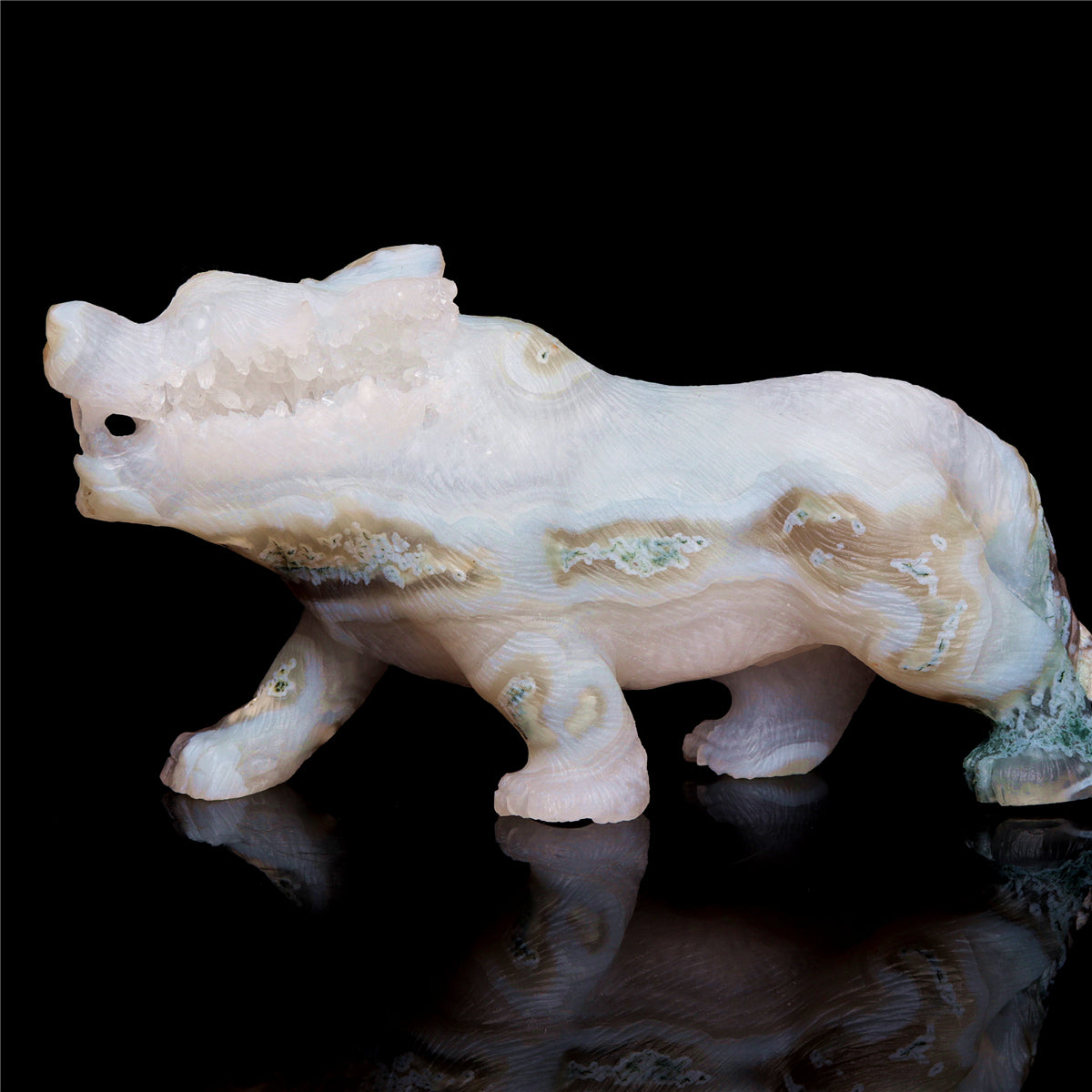 6.5" Druzy Moss Agate Crystal Wolf Figurine Stone Animal Carvings