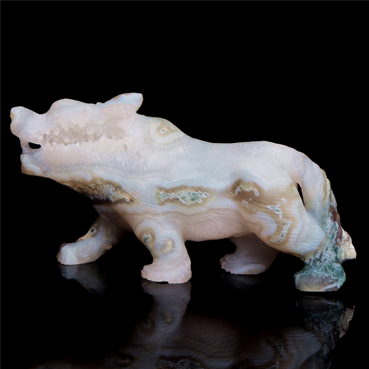 6.5" Druzy Moss Agate Crystal Wolf Figurine Stone Animal Carvings