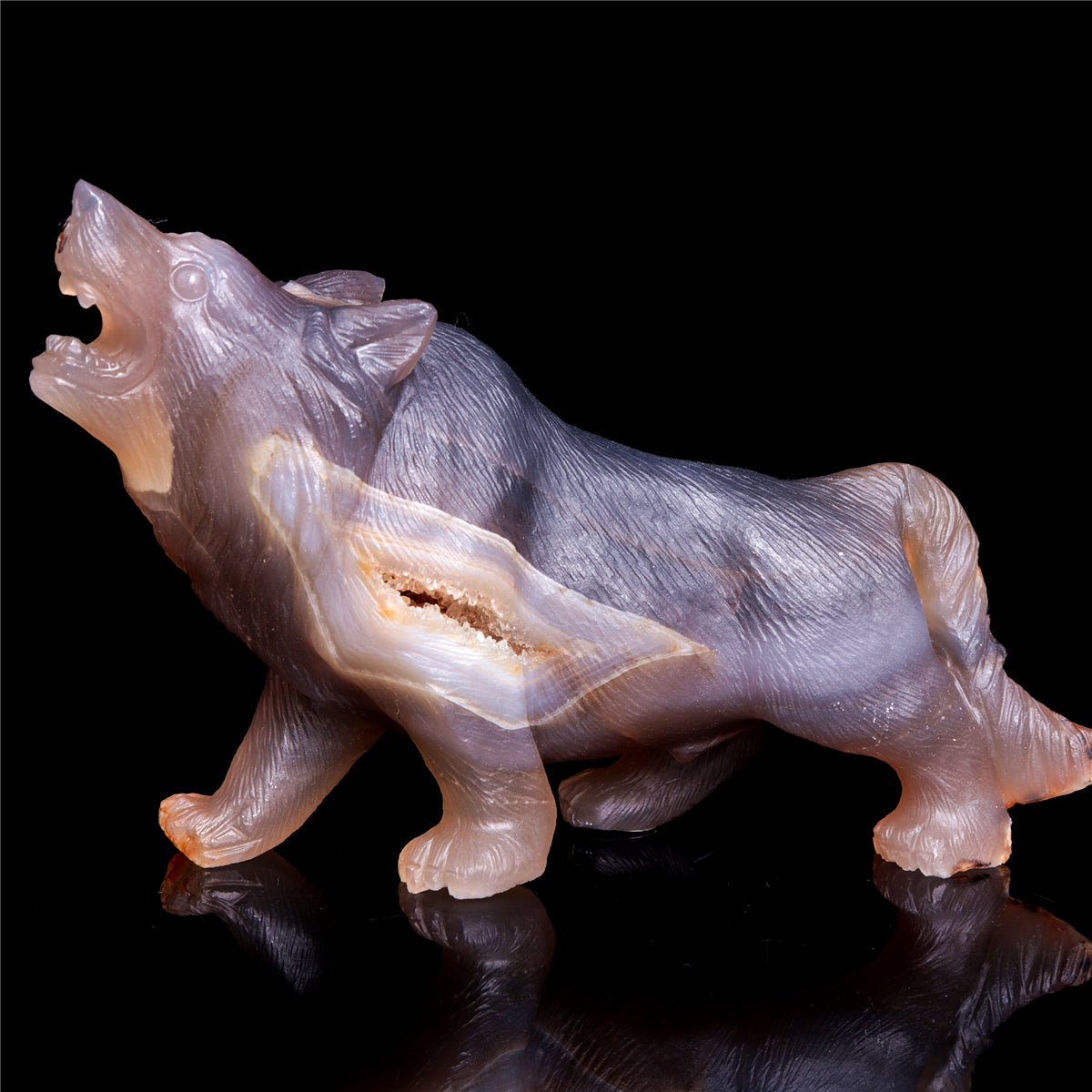 7" Druzy Agate Crystal Wolf Figurine Stone Animal Carvings