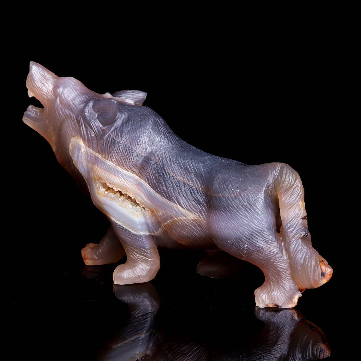 7" Druzy Agate Crystal Wolf Figurine Stone Animal Carvings