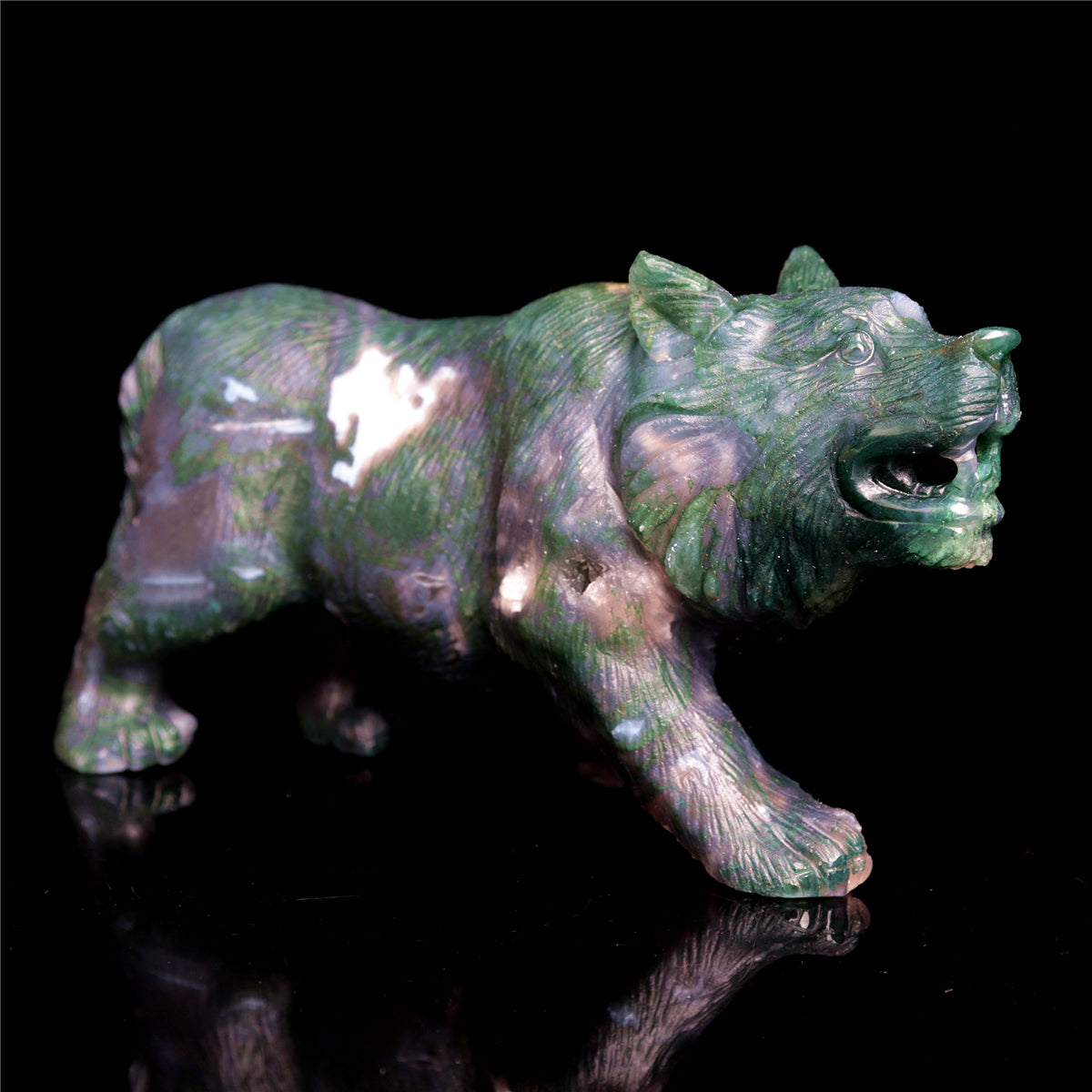 6" Moss Agate Crystal Wolf Figurine Stone Animal Carvings