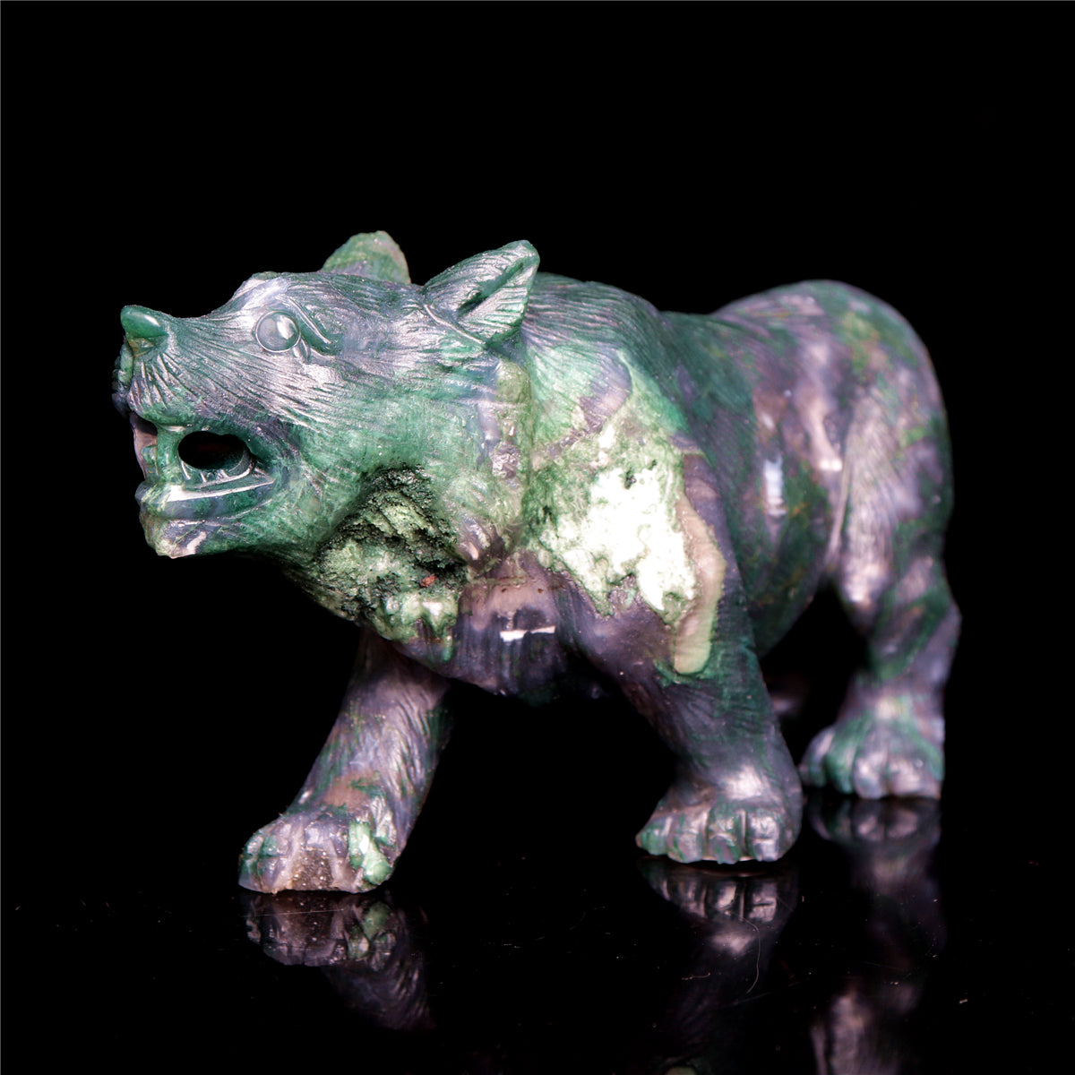 6" Moss Agate Crystal Wolf Figurine Stone Animal Carvings
