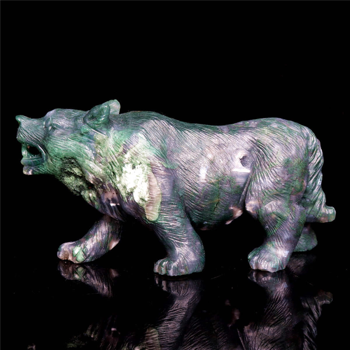 6" Moss Agate Crystal Wolf Figurine Stone Animal Carvings