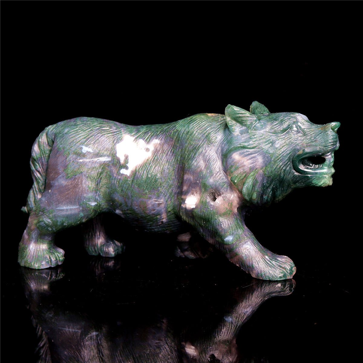 6" Moss Agate Crystal Wolf Figurine Stone Animal Carvings