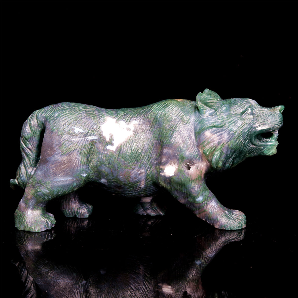 6" Moss Agate Crystal Wolf Figurine Stone Animal Carvings