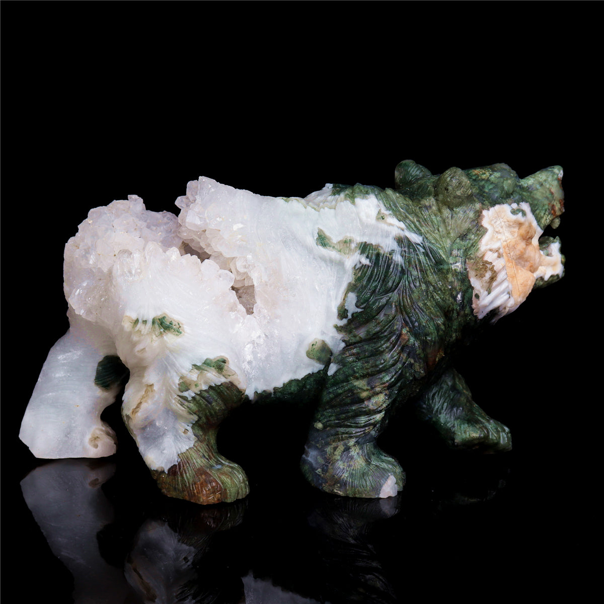 7.5" Druzy Moss Agate Crystal Bear Figurine Stone Animal Carvings
