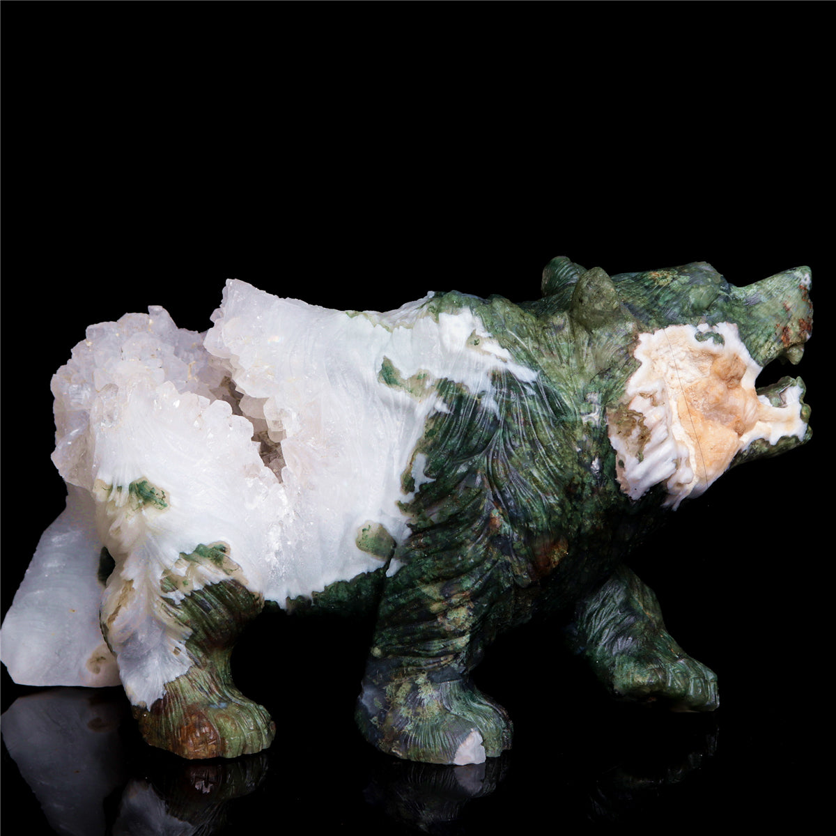 7.5" Druzy Moss Agate Crystal Bear Figurine Stone Animal Carvings
