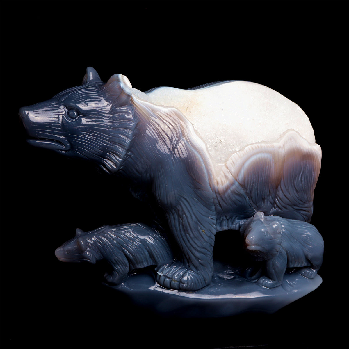 8" Druzy Agate Crystal Bear Family Figurine Stone Animal Carvings