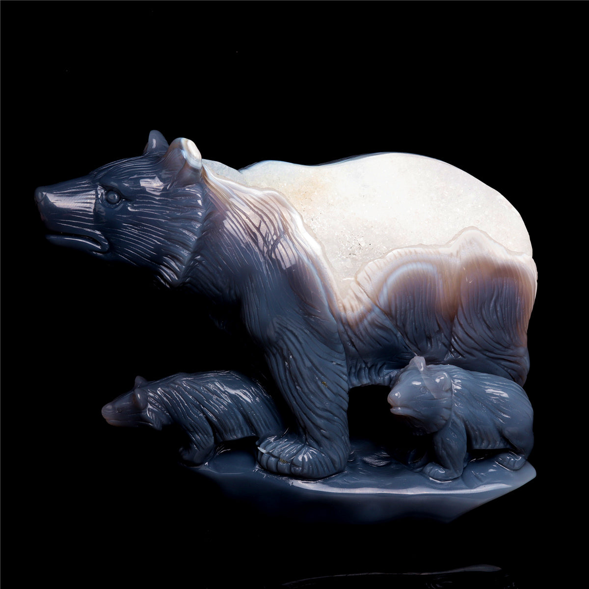 8" Druzy Agate Crystal Bear Family Figurine Stone Animal Carvings