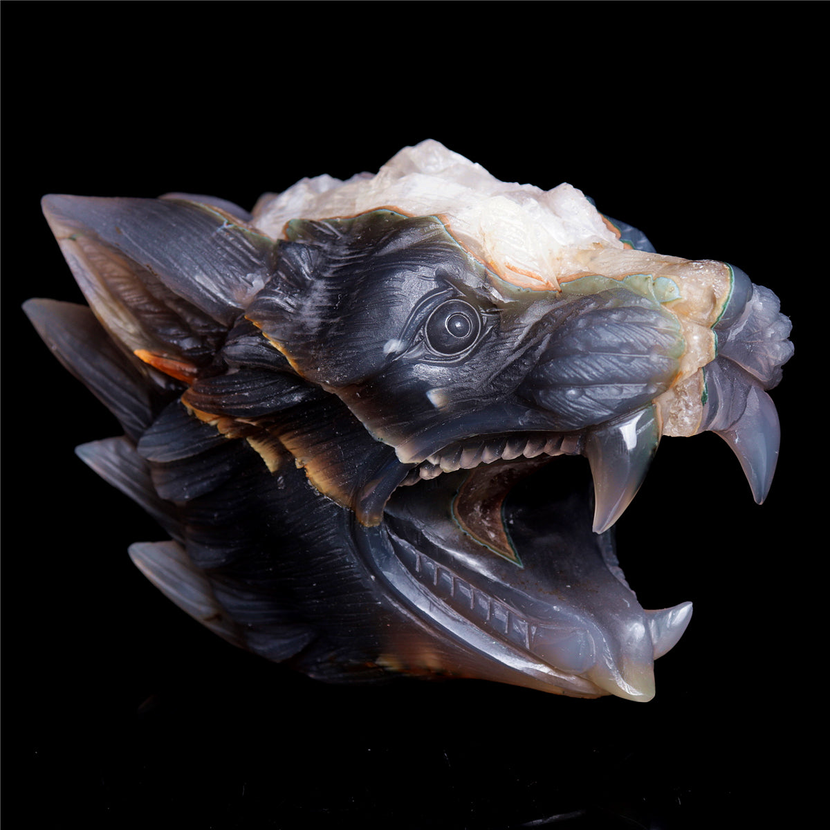 6" Druzy Agate Crystal Wolf Head Figurine Animal Carvings