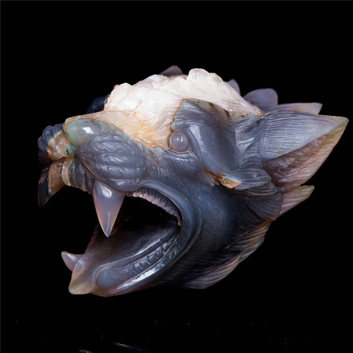 6" Druzy Agate Crystal Wolf Head Figurine Animal Carvings