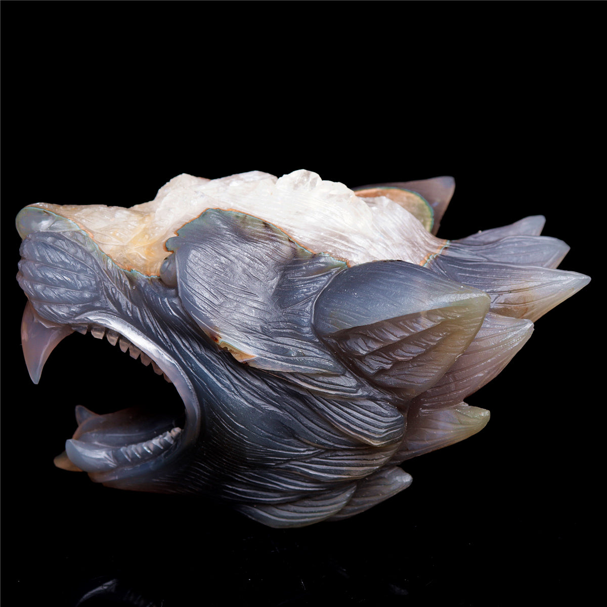 6" Druzy Agate Crystal Wolf Head Figurine Animal Carvings
