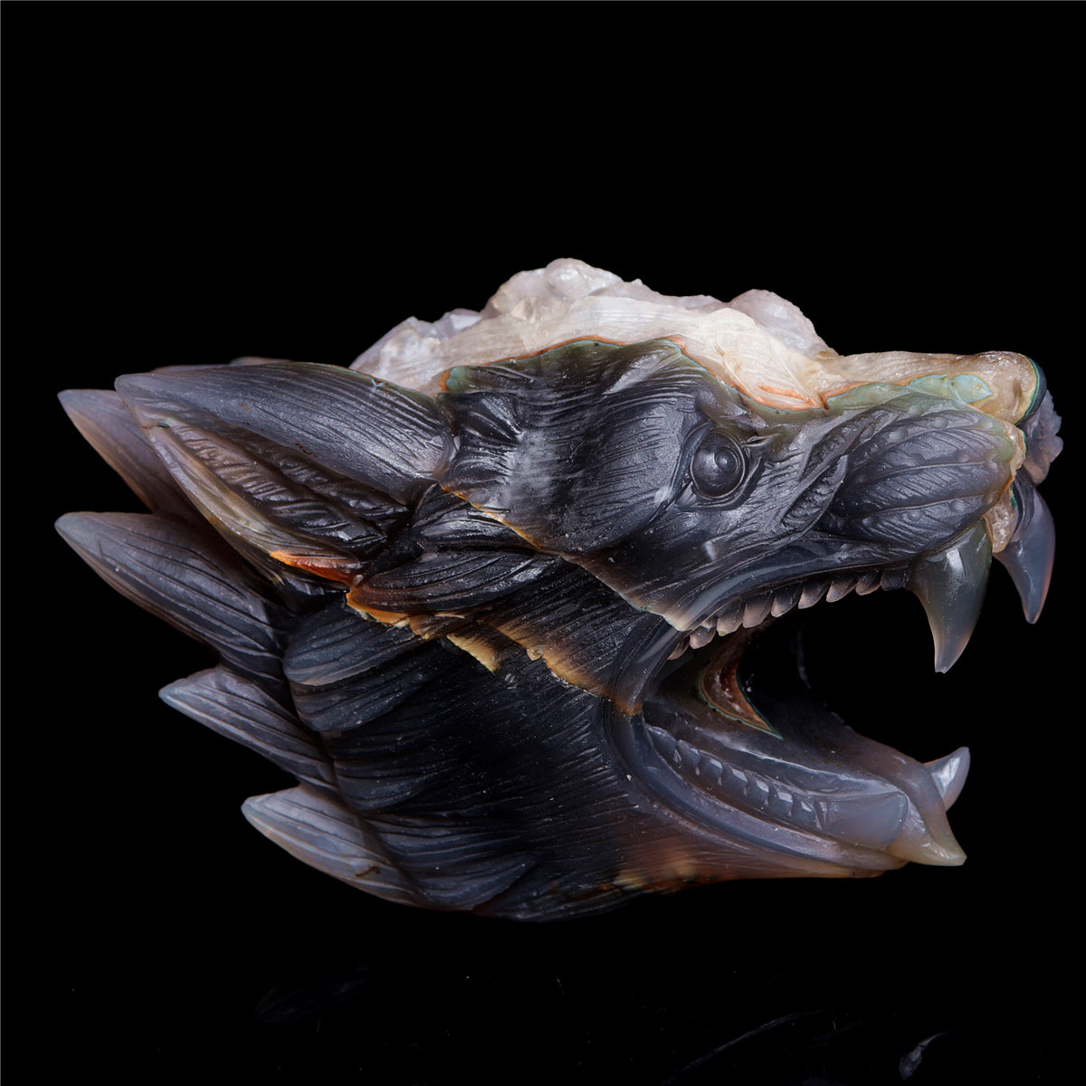 6" Druzy Agate Crystal Wolf Head Figurine Animal Carvings