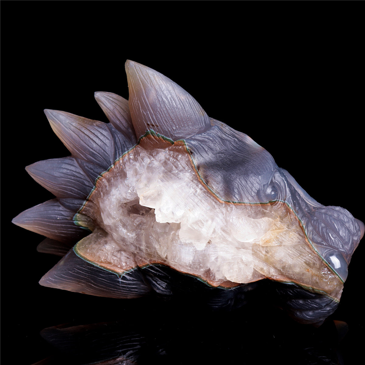 6" Druzy Agate Crystal Wolf Head Figurine Animal Carvings
