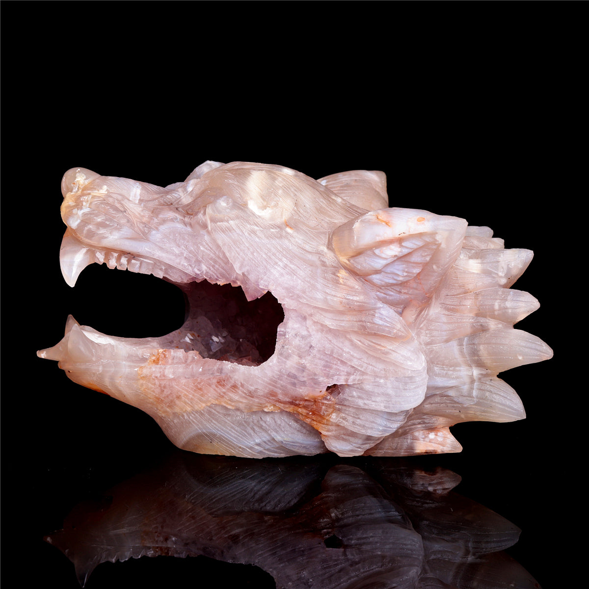 6" Druzy Agate Crystal Wolf Head Figurine Animal Carvings