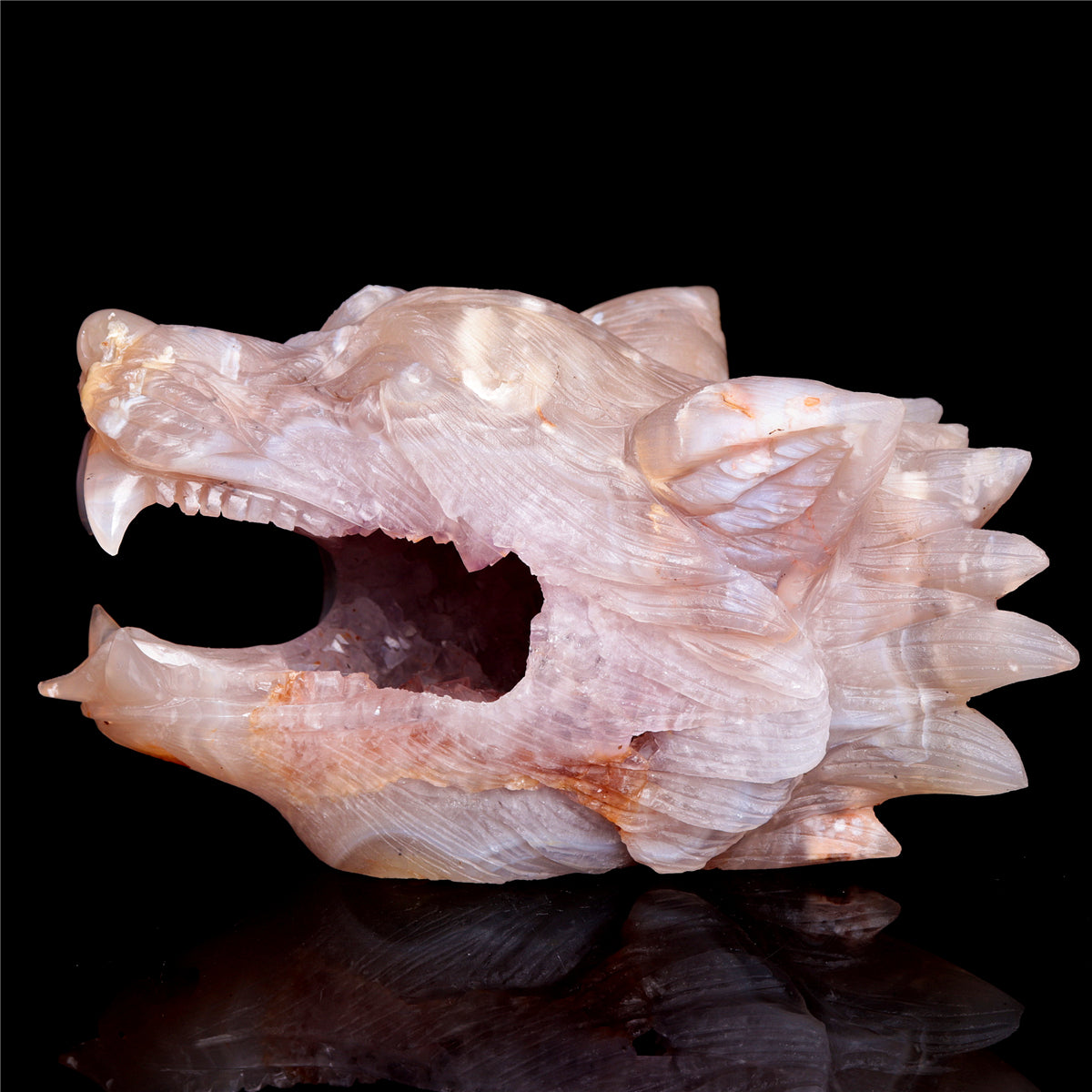 6" Druzy Agate Crystal Wolf Head Figurine Animal Carvings