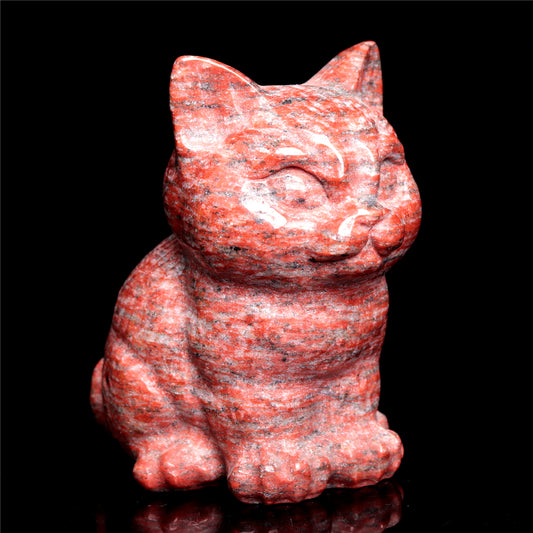 4" Red Obsidian Crystal Cat Figurine Stone Ainimal Carvings Decor