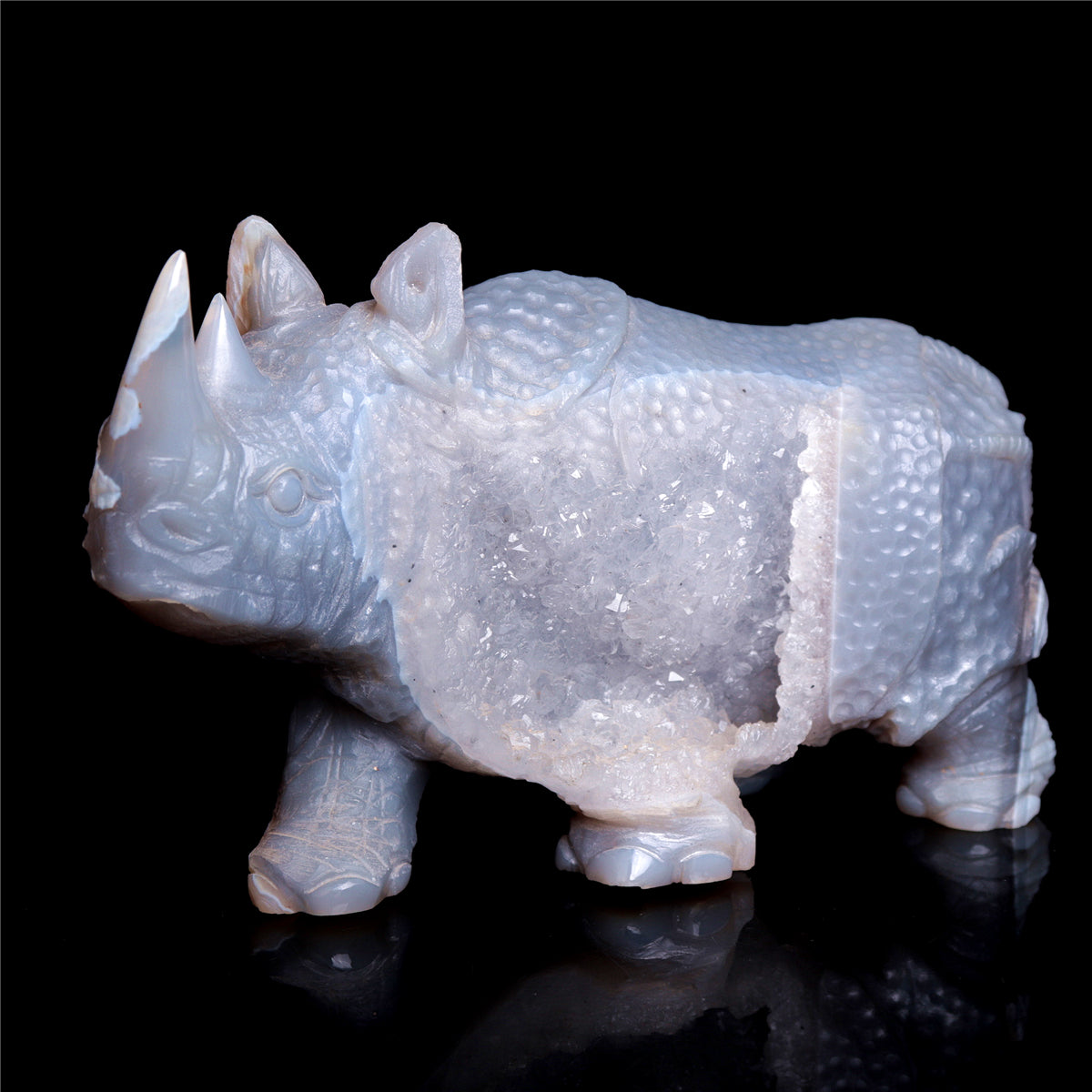 6.5" Druzy Agate Crystal Rhino Figurine Quartz Animal Carvings