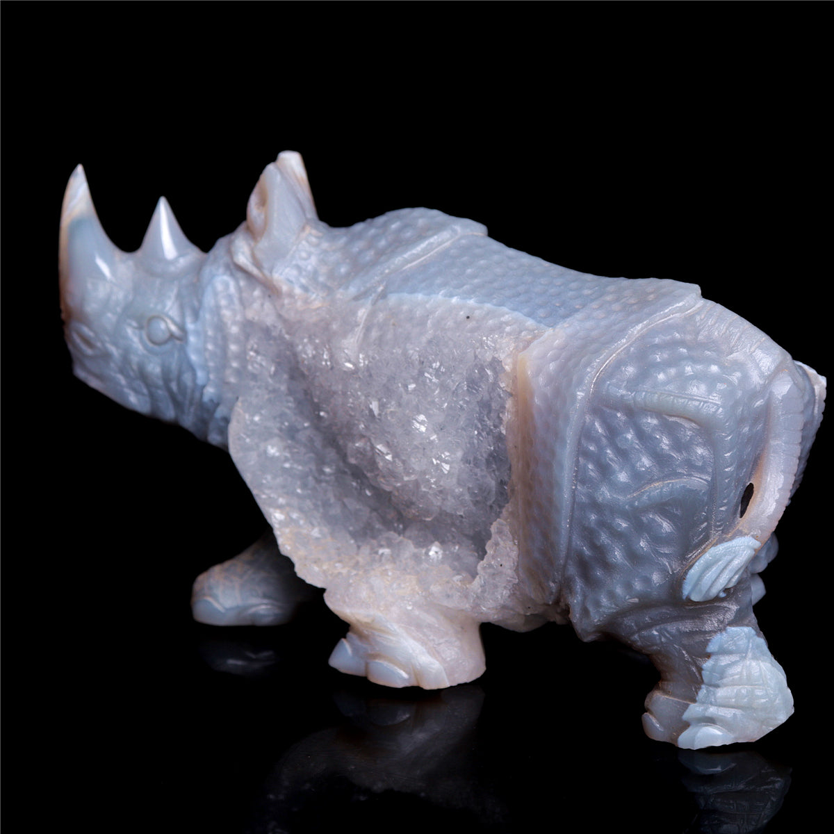 6.5" Druzy Agate Crystal Rhino Figurine Quartz Animal Carvings