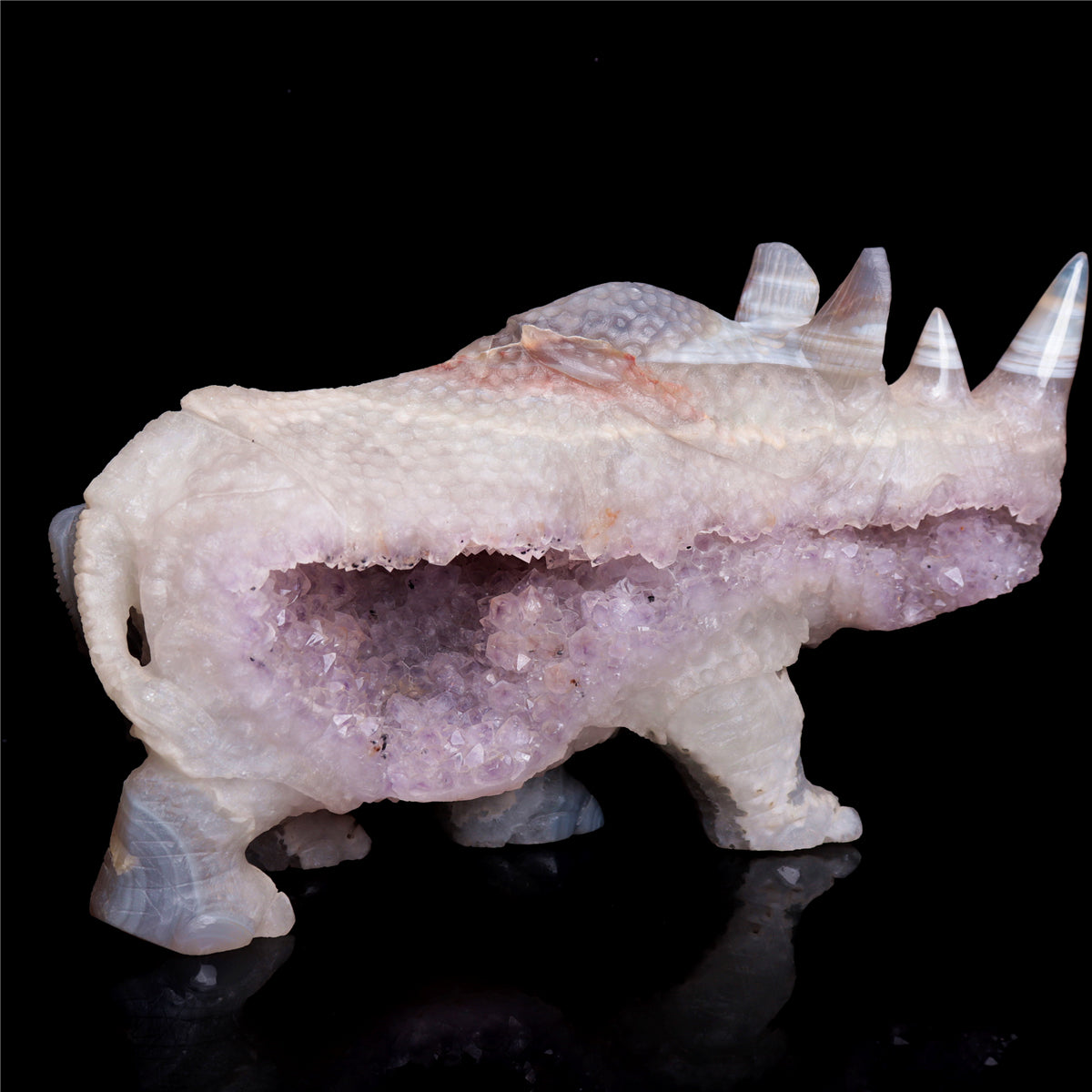 9" Amethyst Agate Crystal Rhino Figurine Quartz Animal Carvings
