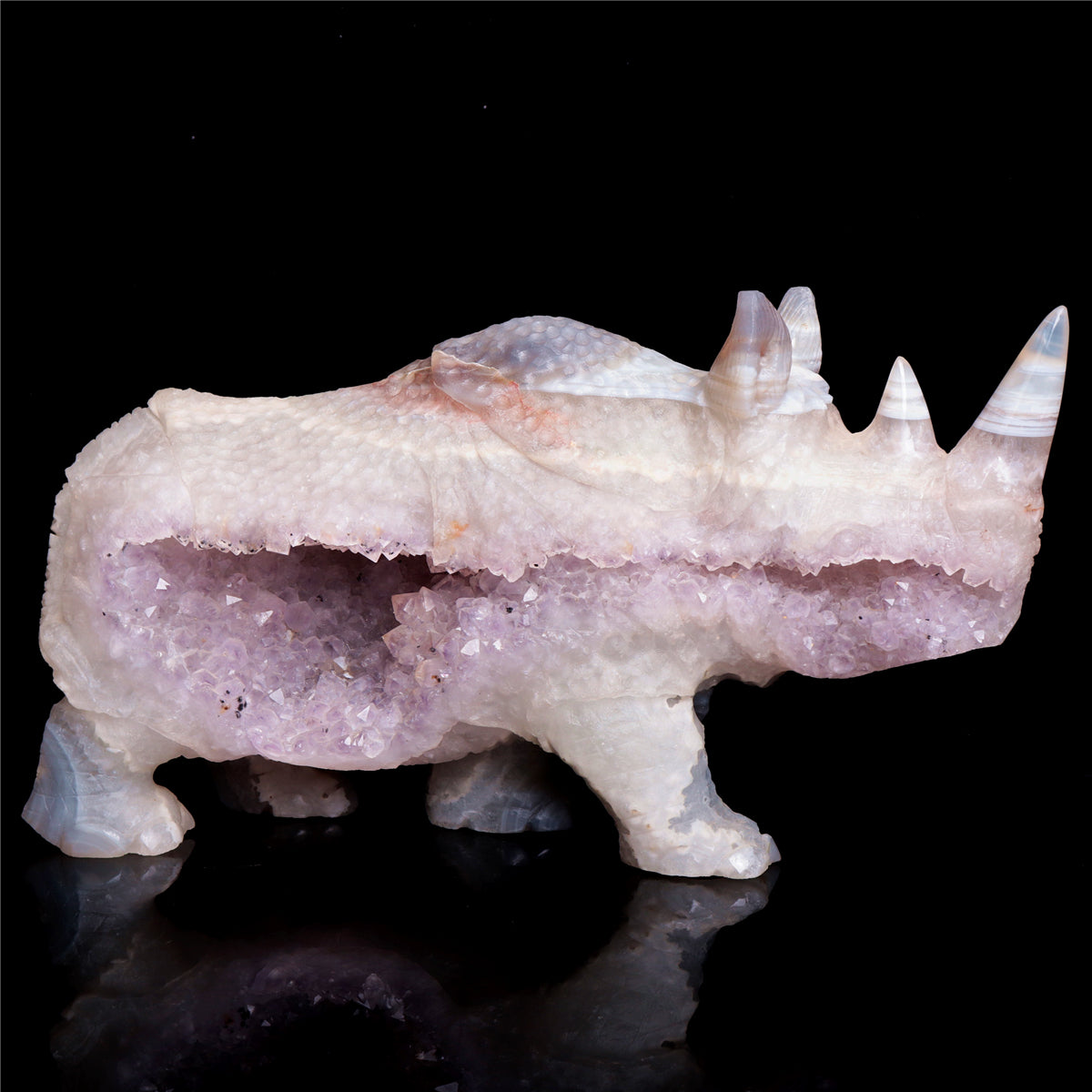 9" Amethyst Agate Crystal Rhino Figurine Quartz Animal Carvings